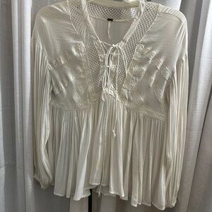 Free People Cream Lace-Up Blouse